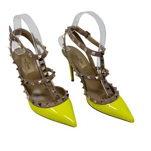Valentino Garavani Rockstud Neon Yellow Patent Leather Pumps Size 36.5